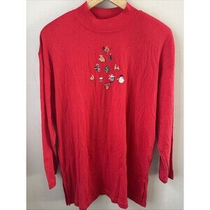 Steven Ross Naturally Red Mock Neck Top L Long Sleeve Christmas Embroidery